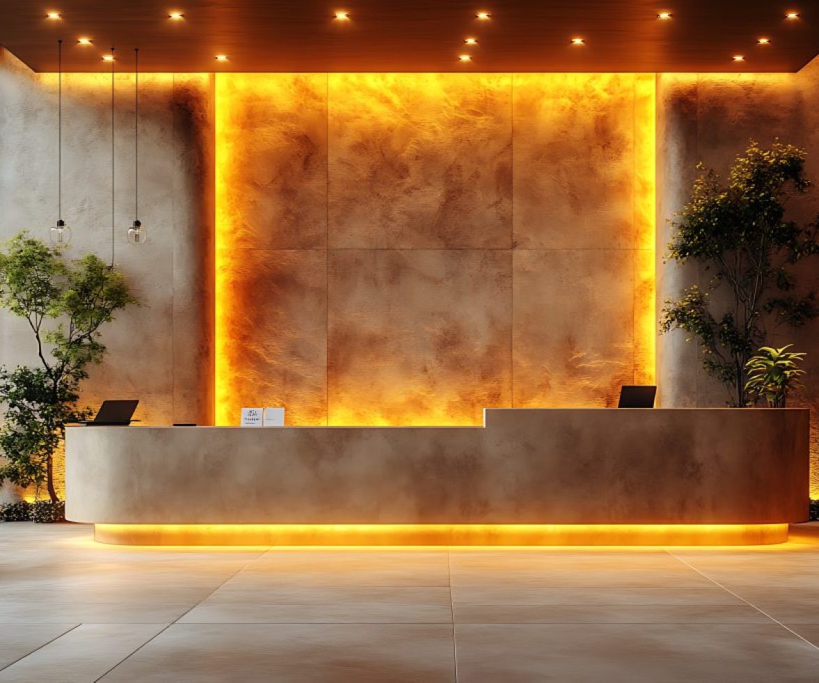 Modern hotel lobby interior with reception desk and warm lighting